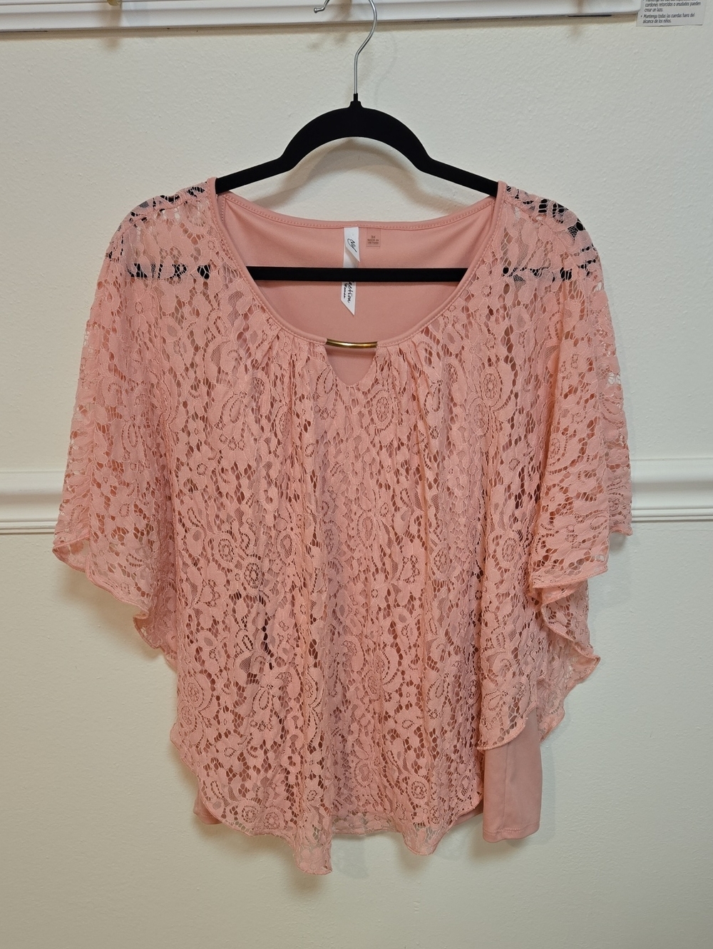 NY Collection Peach Lace Overlay Blouse with Bar Detail